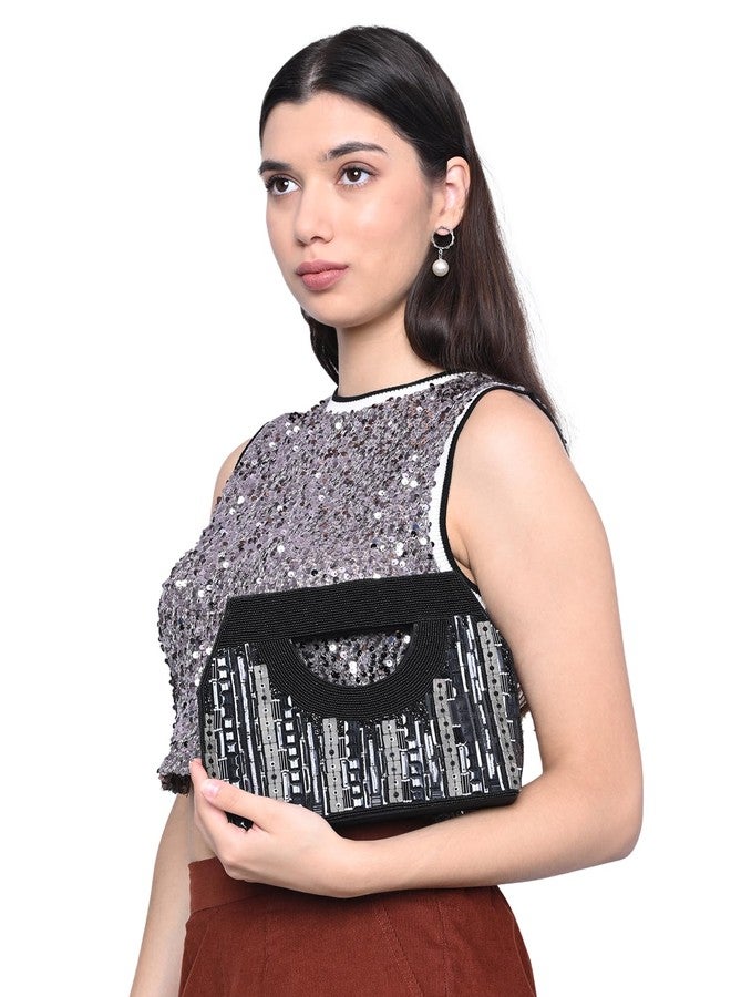 MARKQUES Black Sequence Mix Embellished Hand Held Purse For Women - Image 4